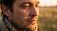 Young Caucasian man with stubble in warm scarf during golden hour sunset, emotional portrait with soft natural lighting for lifestyle and wellness concepts.