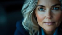 Mature blonde woman with blue eyes and gentle smile against dark background, dramatic lighting emphasizes natural beauty and confidence. Professional portrait style.