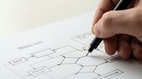 Hand drawing business process flowchart diagram with pen on white paper showing workflow steps and decision points for project management planning.