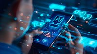 Futuristic mobile interface with glowing AI and chat icons, showing hands using smartphone with digital security elements. Perfect for artificial intelligence and modern technology concepts.