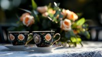 Elegant vintage teacups with peach roses on white lace tablecloth in natural sunlight, creating romantic afternoon tea atmosphere with soft bokeh background.