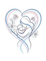 Tender mother holding newborn baby in heart-shaped frame with roses, celebrating motherhood and unconditional love in soft pastel colors.