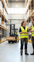 Warehouse workers in safety vests discussing operations while forklift moves inventory in modern distribution center with high shelving systems.
