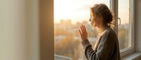 Young woman with curly hair in cozy sweater looking out window at golden sunset cityscape, touching glass with peaceful contemplative expression.