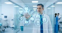 Middle-aged Caucasian male doctor in white coat interacting with futuristic holographic medical interface displaying healthcare icons in modern hospital.