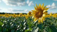 Vibrant sunflower stands tall against blurred field background, showcasing detailed petals and leaves under summer sky with white clouds. For nature and agriculture themes.