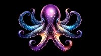 Cosmic octopus with glowing tentacles in galaxy colors against black background, decorated with luminous dots and starry pattern. Mystical sea creature design.