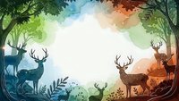 Forest deer silhouettes with colorful gradient background and foliage frame for nature designs and wildlife themed projects.