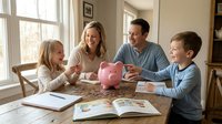 Happy Caucasian family with two children learning about money management and savings at home with pink piggy bank and educational materials.