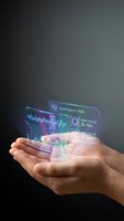Hands holding holographic sleep tracking display with quality metrics, cycles data, and rest duration information for health monitoring applications.