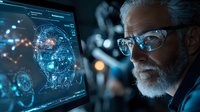 Senior male scientist with gray beard and glasses analyzing advanced facial recognition scan on digital screen in dark laboratory with blue technology glow.