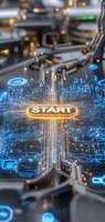 Glowing start button on futuristic circuit board with blue digital interface overlay, concept for technology innovation and digital transformation.