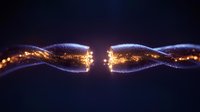 Glowing optical fiber ends with sparkling light particles and energy waves on dark background, concept of digital data transmission and connectivity.
