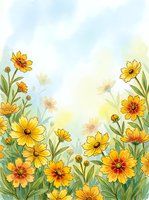 Watercolor yellow wildflowers border frame with soft pastel background for spring greeting cards, invitations and botanical design projects.