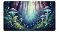Enchanted forest scene with glowing mushrooms and magical light rays filtering through tall trees, surrounded by lush green vegetation and floating particles, creating a mystical woodland atmosphere.