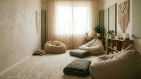 Cozy bohemian living room interior with beige bean bags, macrame wall hangings, natural light through sheer curtains, and green plants for relaxation.