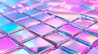 Metallic geometric tiles in holographic pink and blue colors create futuristic pattern with reflective surface and neon glow effect, suitable for modern tech backgrounds.