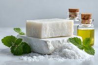 Natural handmade soap bars with sea salt, mint leaves and essential oil bottles for organic skincare and spa treatments on white marble surface.