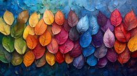 Vibrant autumn leaves arranged in rainbow gradient pattern on dark background, featuring rich seasonal colors from green to red, creating artistic composition.