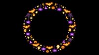 Glowing Halloween wreath with purple and orange jack-o'-lanterns, stars, and festive decorative elements arranged in circular frame on black background for holiday designs.