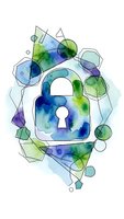 Watercolor padlock with geometric shapes in blue and green tones on white background. Security and protection concept for digital design projects.