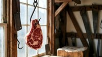 Aged raw meat hanging from hook in rustic butcher shop or traditional curing room with wooden beams and natural light from window.