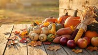 Autumn harvest display with pumpkins, gourds, corn and colorful leaves arranged on rustic wooden deck for seasonal decoration and thanksgiving celebration.