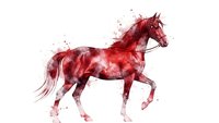 Red watercolor horse in motion with paint splashes and artistic brush strokes on white background for creative design projects and equestrian artwork.