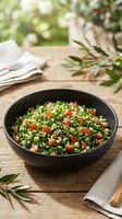 Tabbouleh salad with fresh parsley, tomatoes, and peas in black bowl on wooden table with olive branches and garden setting.