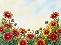 Watercolor wildflowers in red, orange, and yellow bloom along the bottom border, with soft sky background and copy space above.
