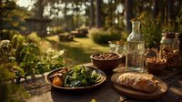 Rustic outdoor dining scene with fresh salad, bread, nuts, and glass bottles on wooden table in garden setting with warm evening light.