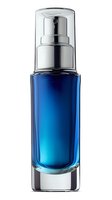 Elegant blue glass cosmetic bottle with silver pump dispenser on white background, isolated luxury skincare serum container for beauty product packaging design.