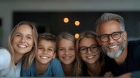 Happy multigenerational family with father wearing glasses and gray beard, teenage daughter, and three children smiling together in cozy evening atmosphere with bokeh lights.