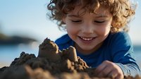 Young curly-haired child in blue shirt smiling while building sandcastle on beach during golden hour, capturing pure joy and childhood wonder at seaside play.