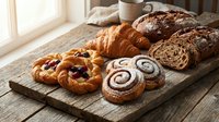 Assorted fresh baked pastries and artisan breads on rustic wooden cutting board with morning sunlight streaming through window creating warm cozy bakery atmosphere.