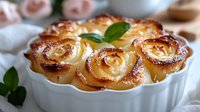 Golden apple rose tart with flaky pastry in white ceramic dish, decorated with fresh mint leaves. Homemade dessert perfect for bakery menus and cooking blogs.