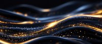 Glowing golden waves with sparkles flow against dark background creating magical abstract pattern for luxury design and festive backgrounds.