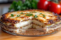 Layered eggplant parmesan casserole with melted mozzarella cheese, fresh herbs and tomato sauce, cross section view showing multiple layers of breaded eggplant and cheese.