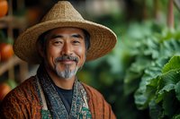 Smiling mature Asian farmer wearing traditional straw hat and overalls stands in lush organic garden surrounded by fresh produce and green foliage.