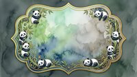 Watercolor frame with cute panda bears and bamboo leaves on textured background, isolated design element for invitations and decorative projects.