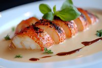 Grilled lobster tail sliced and arranged on creamy sauce with microgreens garnish and balsamic reduction drizzle, served on white plate, close up view.