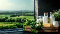 Fresh dairy products and cheese on rustic wooden board against scenic green countryside landscape, natural organic farm food composition in morning light.