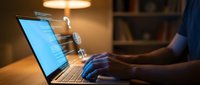 Male hands typing on laptop with glowing code, floating brain and question mark icons, representing AI problem solving and tech innovation.