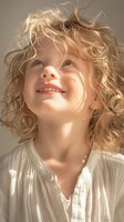 Young person with curly blonde hair looking up dreamily in soft natural sunlight, wearing white cotton blouse. Gentle smile and warm glow create peaceful, hopeful mood.