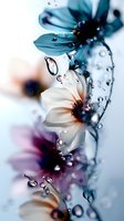 Delicate white and turquoise flowers with water drops in dreamy macro photography. Soft focus artistic composition creates ethereal atmosphere with bokeh effect and reflections.
