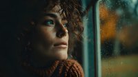 Thoughtful young woman with curly hair gazing through rain-covered window on moody evening, contemplating life indoors during stormy weather.
