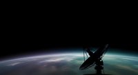 Satellite orbiting above Earth with planet surface visible below, depicting space exploration, telecommunications, and orbital technology for science and astronomy projects.