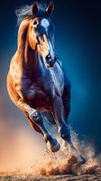Majestic chestnut horse galloping at full speed against dramatic blue background, kicking up dust as it runs forward with powerful stride.
