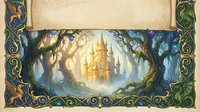 Enchanted fairy tale castle glowing in mystical forest clearing with ornate medieval scroll border frame for fantasy storytelling and magical adventures.