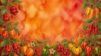Watercolor autumn harvest background with hand-drawn bell peppers and foliage border, ideal for fall seasonal designs, cooking blogs, and recipe graphics.